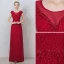 Chic / Beautiful Burgundy Evening Dresses  2019 A-Line / Princess Scoop Neck Crystal Lace Flower Short Sleeve Backless Floor-Length / Long Formal Dresses