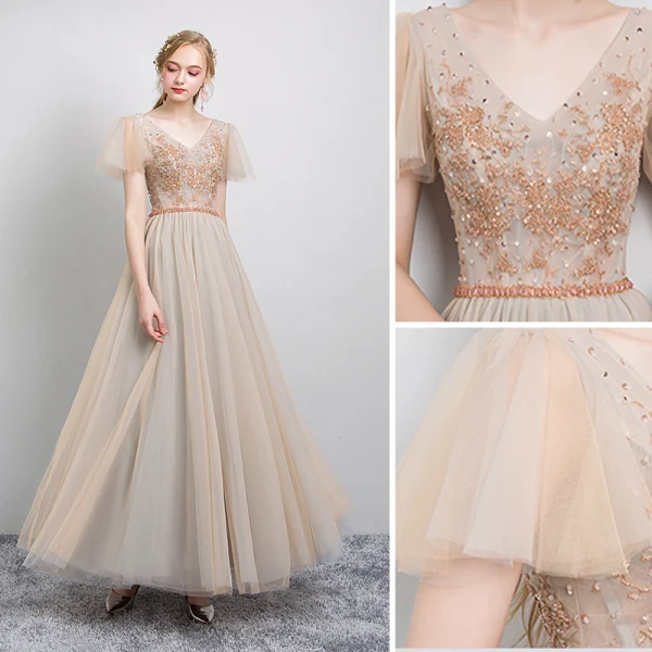 Élégant Champagne Robe De Soirée 2019 Princesse V-Cou Perlage Cristal Paillettes Manches Courtes Dos Nu Longue Robe De Ceremonie