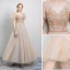 Élégant Champagne Robe De Soirée 2019 Princesse V-Cou Perlage Cristal Paillettes Manches Courtes Dos Nu Longue Robe De Ceremonie