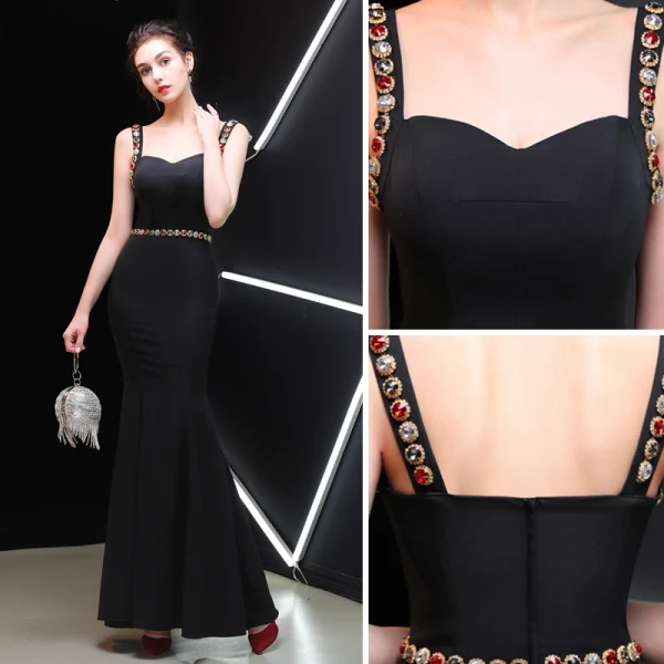 Chic / Beautiful Black Evening Dresses  2019 Trumpet / Mermaid Square Neckline Rhinestone Crystal Sleeveless Backless Floor-Length / Long Formal Dresses