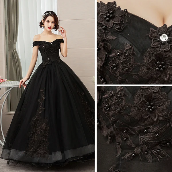 Elegant Black Quinceañera Prom Dresses 2019 A-Line / Princess Off-The-Shoulder Pearl Lace Flower Short Sleeve Backless Floor-Length / Long Formal Dresses