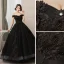 Elegant Black Quinceañera Prom Dresses 2019 A-Line / Princess Off-The-Shoulder Pearl Lace Flower Short Sleeve Backless Floor-Length / Long Formal Dresses