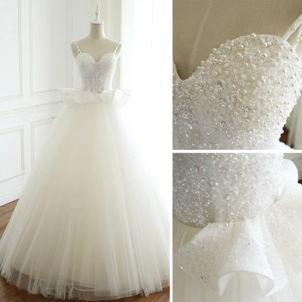 Élégant Ivoire Robe De Mariée 2019 Princesse Bretelles Spaghetti Perlage Paillettes Perle En Dentelle Fleur Sans Manches Dos Nu Longue