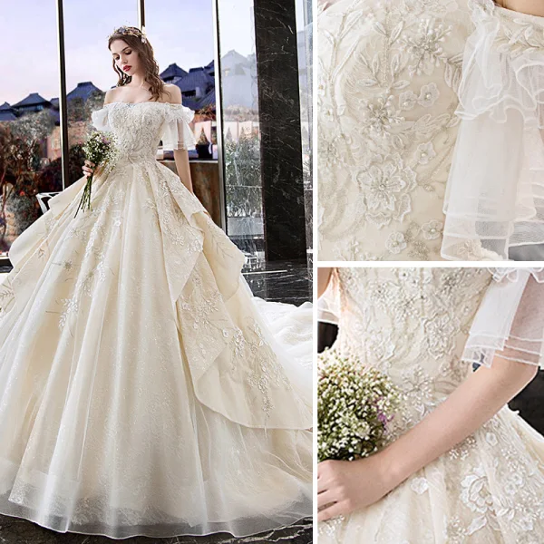 Charming Champagne Wedding Dresses 2019 A-Line / Princess Off-The-Shoulder Pearl Lace Flower Short Sleeve Backless Cascading Ruffles Cathedral Train