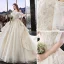 Charming Champagne Wedding Dresses 2019 A-Line / Princess Off-The-Shoulder Pearl Lace Flower Short Sleeve Backless Cascading Ruffles Cathedral Train