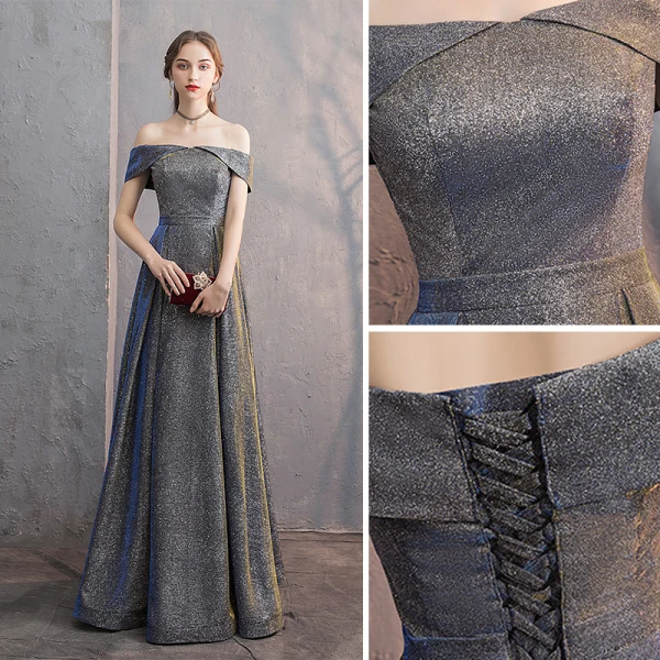 Sparkly Evening Dresses 2019 A-Line / Princess Off-The-Shoulder Glitter Satin Short Sleeve Backless Floor-Length / Long Formal Dresses