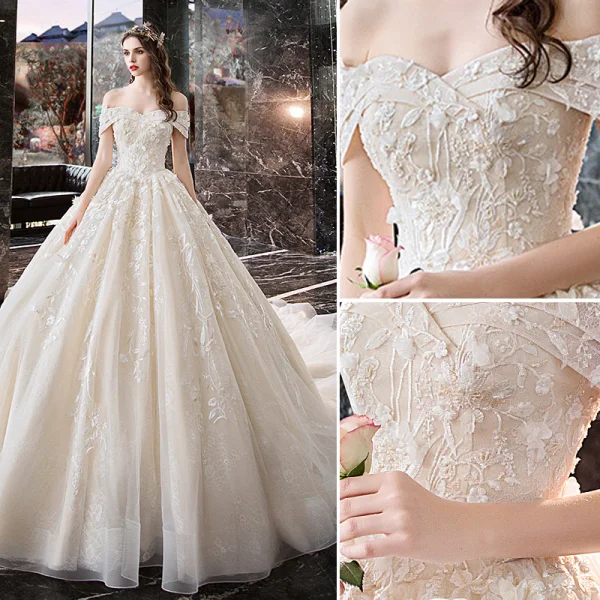 Elegant Ivory Wedding Dresses 2019 A-Line / Princess Off-The-Shoulder Beading Appliques Lace Flower Short Sleeve Backless Royal Train