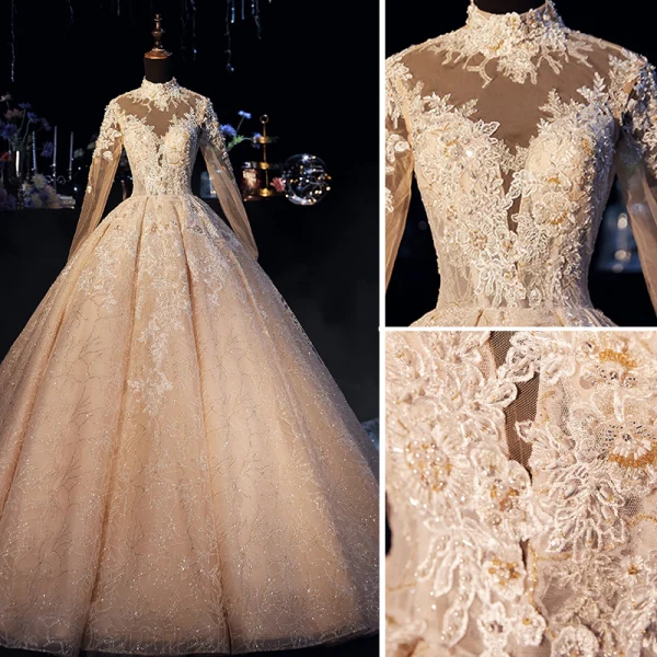 Luxury / Gorgeous Champagne Wedding Dresses 2019 A-Line / Princess High Neck Glitter Beading Lace Flower Pearl Crystal Long Sleeve Backless Royal Train