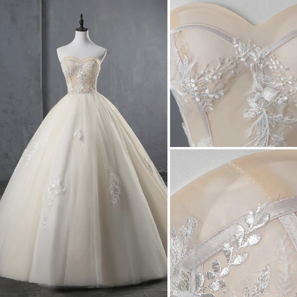 Elegant Champagne Wedding Dresses 2019 Ball Gown Strapless Lace Flower Sleeveless Backless Floor-Length / Long