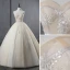 Elegant Champagne Wedding Dresses 2019 Ball Gown Strapless Lace Flower Sleeveless Backless Floor-Length / Long