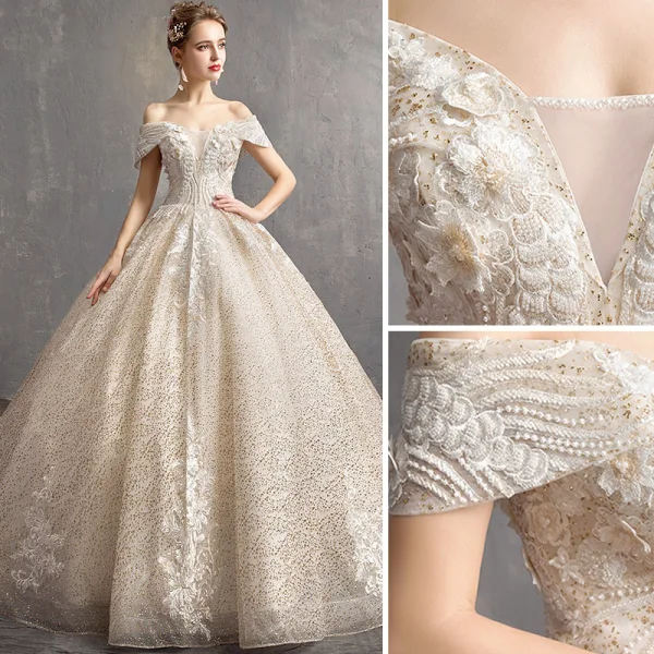 Charming Champagne Wedding Dresses 2019 Ball Gown Off-The-Shoulder Short Sleeve Backless Flower Glitter Lace Pearl Chapel Train