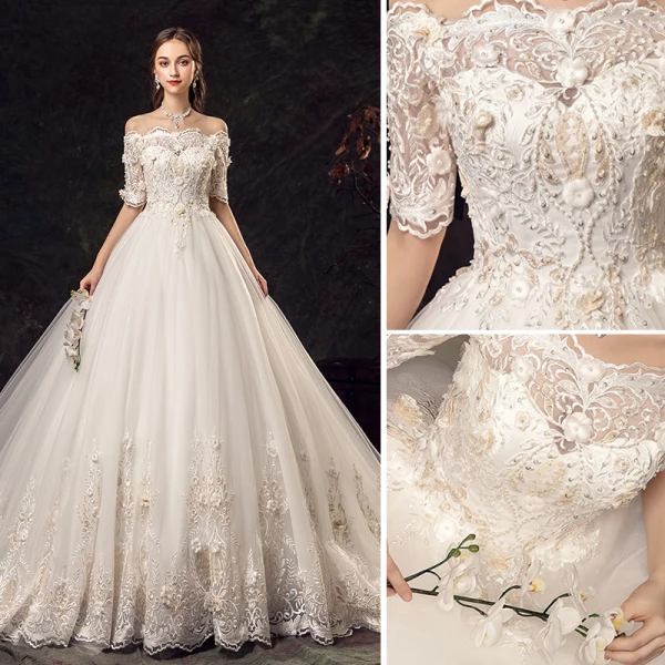 Élégant Ivoire Robe De Mariée 2019 Princesse De l'épaule Perlage Appliques Perle En Dentelle Fleur Manches Courtes Dos Nu Chapel Train