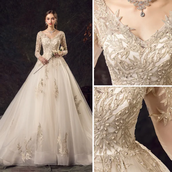 Élégant Champagne Robe De Mariée 2019 Princesse V-Cou Perlage En Dentelle Fleur Paillettes 3/4 Manches Dos Nu Cathedral Train
