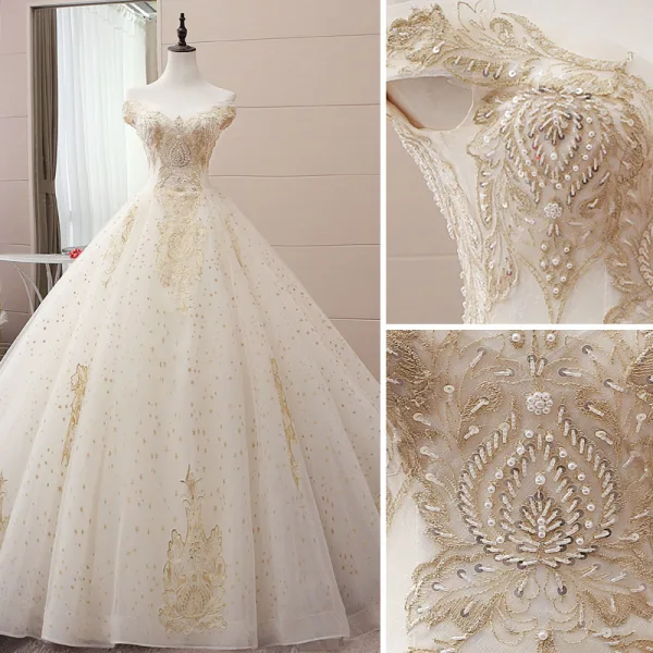Elegant Champagne Wedding Dresses 2019 Ball Gown Off-The-Shoulder Beading Pearl Sequins Lace Flower Sleeveless Backless Chapel Train