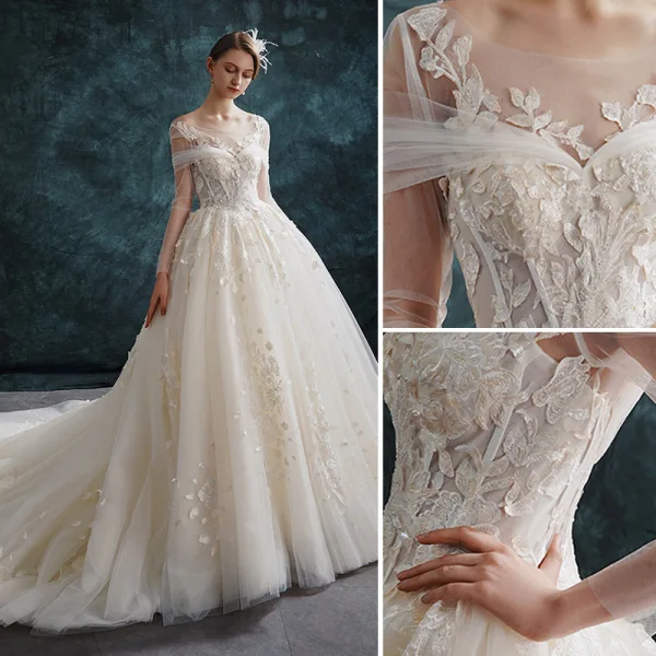 Élégant Champagne Robe De Mariée 2019 Princesse Encolure Dégagée En Dentelle Fleur Manches Longues Dos Nu Cathedral Train