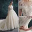 Élégant Champagne Robe De Mariée 2019 Princesse Encolure Dégagée En Dentelle Fleur Manches Longues Dos Nu Cathedral Train