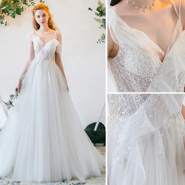Chic / Belle Ivoire Robe De Soirée 2019 Princesse Bretelles Spaghetti Perlage En Dentelle Fleur Dos Nu Longue Robe De Ceremonie