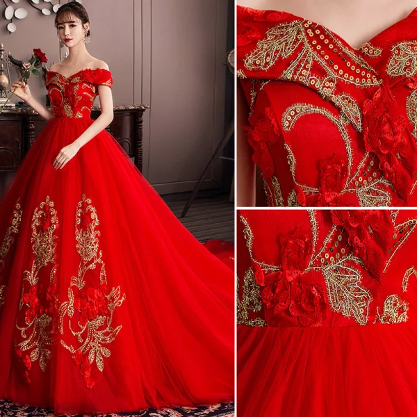 Schöne Rot Brautkleider / Hochzeitskleider 2019 A Linie Off Shoulder Pailletten Spitze Blumen Kurze Ärmel Rückenfreies Kathedrale Schleppe