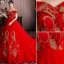 Schöne Rot Brautkleider / Hochzeitskleider 2019 A Linie Off Shoulder Pailletten Spitze Blumen Kurze Ärmel Rückenfreies Kathedrale Schleppe