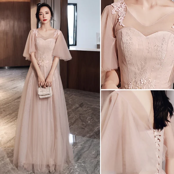 Chic / Belle Lavande Robe De Cocktail 2018 Robe Boule Perlage Perle Appliques V-Cou Dos Nu Sans Manches Mi-Longues Robe De Ceremonie