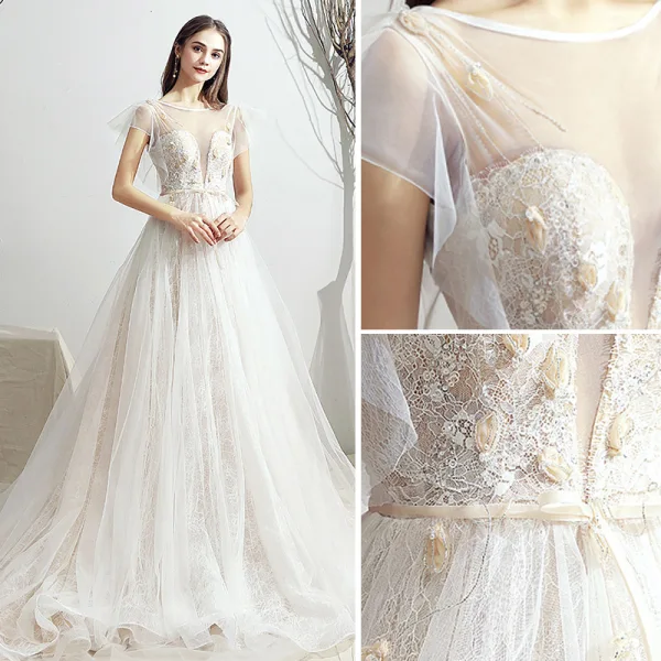Chic / Belle Ivoire Robe De Mariée 2019 Princesse Encolure Dégagée Appliques En Dentelle Fleur Noeud Manches Courtes Dos Nu Chapel Train