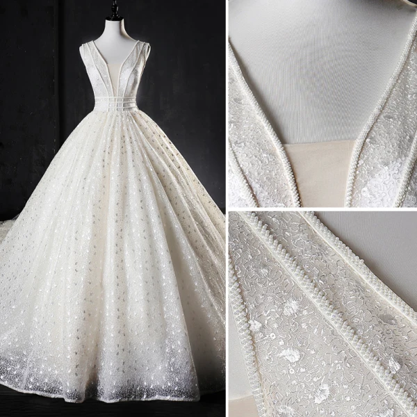 Meilleur Ivoire Fait main Perlage Robe De Mariée 2019 Princesse V-Cou Glitter Tulle Sans Manches Dos Nu Cathedral Train