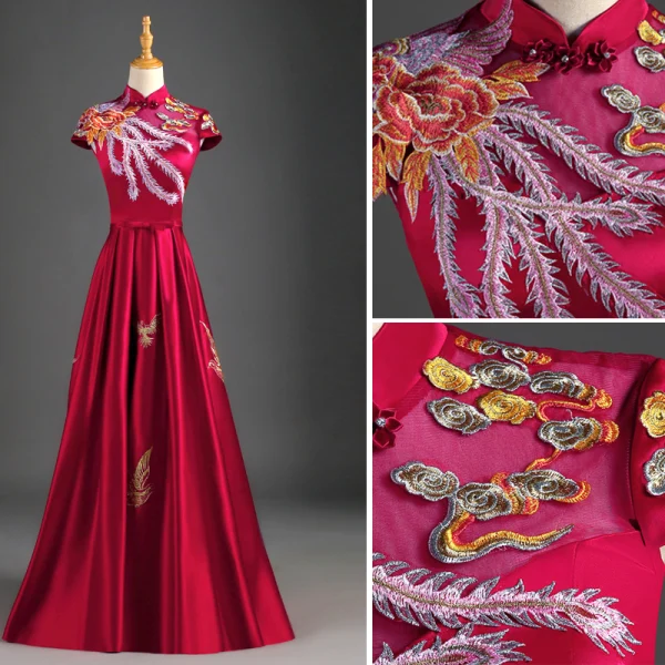 Chinese style Burgundy Evening Dresses 2019 A-Line / Princess High Neck Appliques Lace Bow Cap Sleeves Backless Floor-Length / Long Formal Dresses