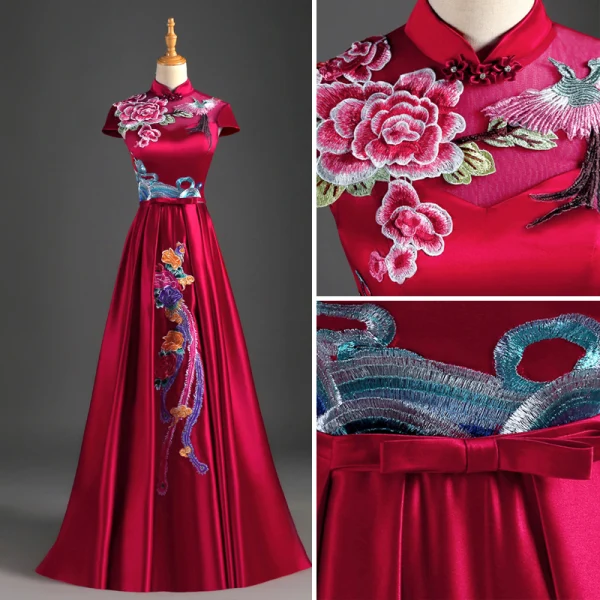Chinese style Burgundy Evening Dresses 2019 A-Line / Princess High Neck Bow Appliques Lace Cap Sleeves Backless Floor-Length / Long Formal Dresses