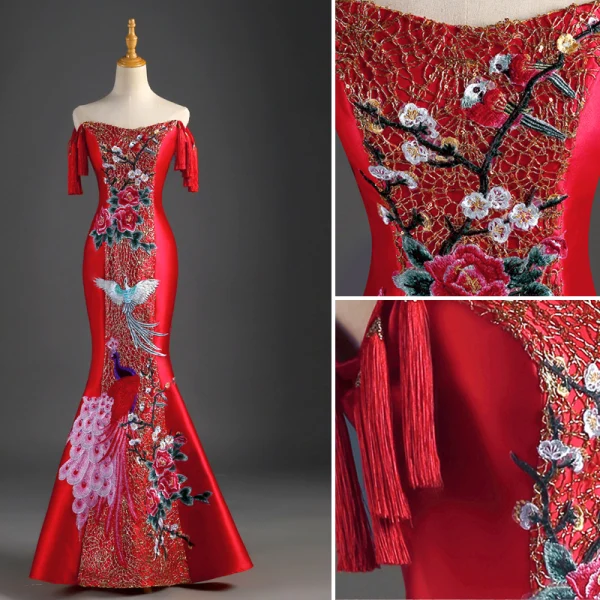 Chinese style Red Evening Dresses 2019 Trumpet / Mermaid Off-The-Shoulder Tassel Sequins Appliques Lace Sleeveless Backless Floor-Length / Long Formal Dresses