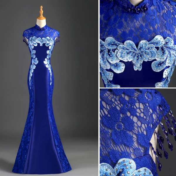 Chinese style Royal Blue Evening Dresses  Trumpet / Mermaid High Neck Beading Tassel Rhinestone Lace Flower Cap Sleeves Floor-Length / Long Formal Dresses