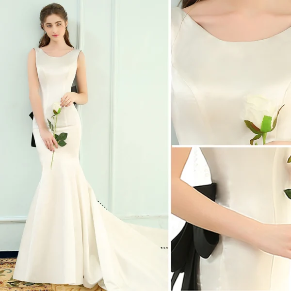Modern / Fashion Ivory Evening Dresses 2019 Trumpet / Mermaid Scoop Neck Sleeveless Bow Backless Court Train Formal Dresses