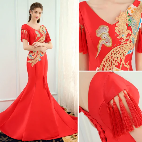 Chinese style Red Evening Dresses 2019 Trumpet / Mermaid V-Neck Rhinestone Appliques Lace Cap Sleeves Tassel Backless Court Train Formal Dresses