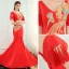 Chinese style Red Evening Dresses  2019 Trumpet / Mermaid V-Neck Rhinestone Appliques Lace Cap Sleeves Tassel Backless Court Train Formal Dresses
