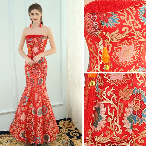 Chinese style Red Evening Dresses 2019 Trumpet / Mermaid Strapless Crystal Sleeveless Backless Printing Floor-Length / Long Formal Dresses