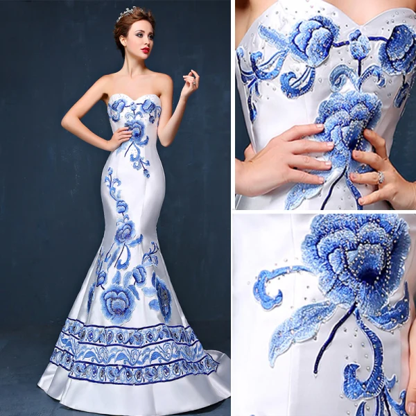 Chinese style Ivory Evening Dresses 2019 Trumpet / Mermaid Strapless Appliques Lace Rhinestone Sleeveless Backless Court Train Formal Dresses