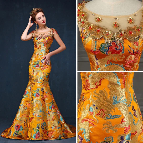 Style Chinois Doré Robe De Soirée 2019 Trompette / Sirène Encolure Dégagée Perlage Perle Gland Appliques Brodé Sans Manches Dos Nu Train De Balayage Robe De Ceremonie
