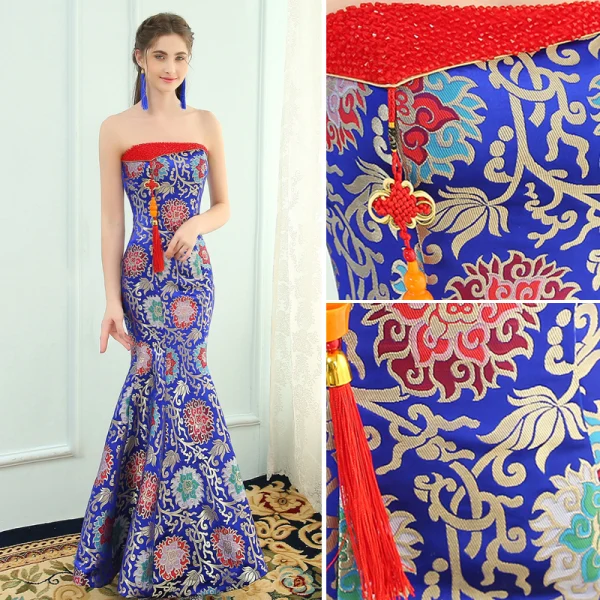 Chinese style Royal Blue Evening Dresses 2019 Trumpet / Mermaid Strapless Tassel Crystal Embroidered Sleeveless Backless Floor-Length / Long Formal Dresses