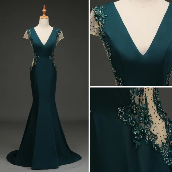 Elegante Dunkelgrün Abendkleider 2019 Meerjungfrau V-Ausschnitt Perlenstickerei Pailletten Strass Spitze Blumen Ärmel Rückenfreies Sweep / Pinsel Zug Festliche Kleider