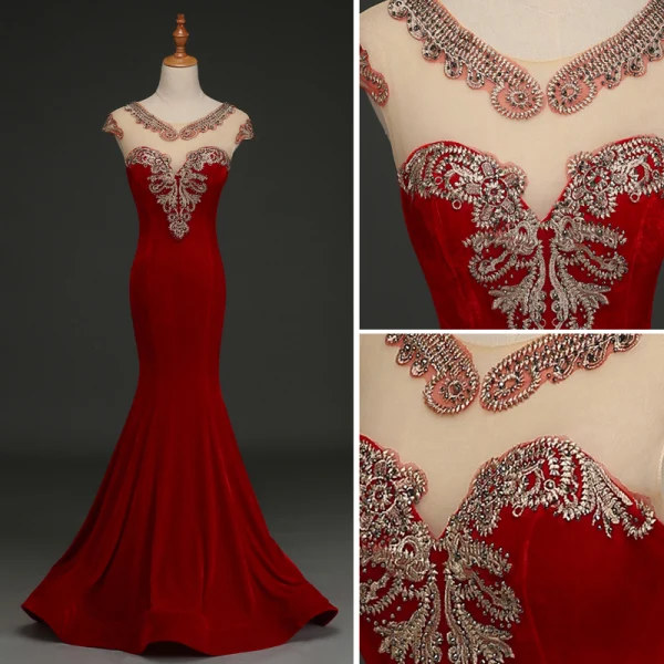 Elegant Burgundy Evening Dresses 2019 Trumpet / Mermaid Suede V-Neck Rhinestone Lace Flower Cap Sleeves Floor-Length / Long Formal Dresses