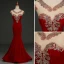Elegant Burgundy Evening Dresses  2019 Trumpet / Mermaid Suede V-Neck Rhinestone Lace Flower Cap Sleeves Floor-Length / Long Formal Dresses
