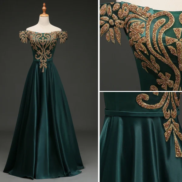 Elegant Dark Green Evening Dresses 2019 A-Line / Princess Off-The-Shoulder Rhinestone Sash Short Sleeve Backless Floor-Length / Long Formal Dresses