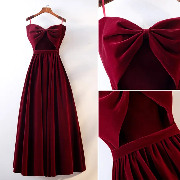 Chic / Beautiful Burgundy Prom Dresses 2019 A-Line / Princess Spaghetti Straps Suede Bow Sleeveless Backless Floor-Length / Long Formal Dresses