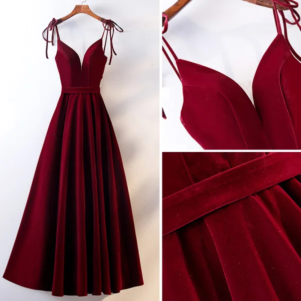 Chic / Beautiful Burgundy Evening Dresses 2019 A-Line / Princess Spaghetti Straps Suede Sash Sleeveless Backless Floor-Length / Long Formal Dresses