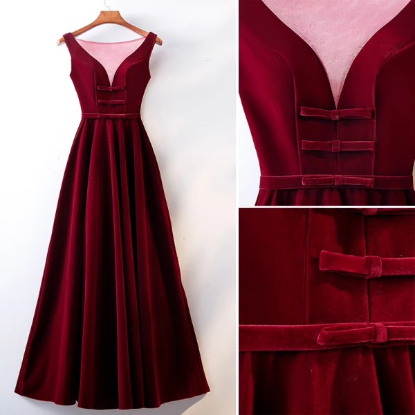 Chic / Beautiful Burgundy Evening Dresses 2019 A-Line / Princess Scoop Neck Suede Bow Sleeveless Backless Floor-Length / Long Formal Dresses