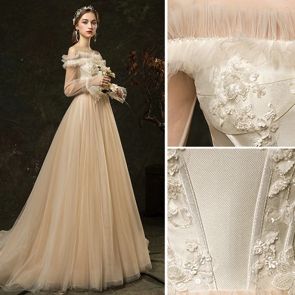 Elegant Champagne Outdoor / Garden Wedding Dresses 2019 A-Line / Princess Ruffle Off-The-Shoulder Beading Pearl Appliques Lace Flower Sequins Long Sleeve Backless Sweep Train