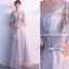 Chic / Beautiful Grey Evening Dresses  2019 A-Line / Princess V-Neck Bow Lace Flower 1/2 Sleeves Backless Floor-Length / Long Formal Dresses