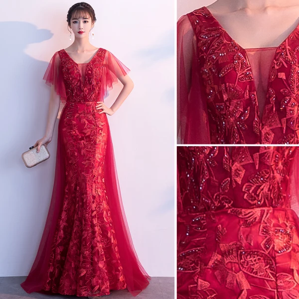 Chic / Beautiful Burgundy Evening Dresses  2019 A-Line / Princess V-Neck Crystal Lace Flower Short Sleeve Backless Floor-Length / Long Formal Dresses