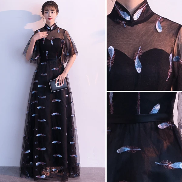 Chic / Beautiful Black Evening Dresses 2019 A-Line / Princess High Neck Sash Lace Flower 1/2 Sleeves Floor-Length / Long Formal Dresses