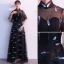 Chic / Beautiful Black Evening Dresses  2019 A-Line / Princess High Neck Sash Lace Flower 1/2 Sleeves Floor-Length / Long Formal Dresses