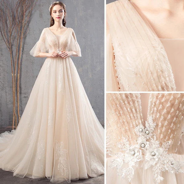 Elegant Champagne Wedding Dresses 2019 A-Line / Princess V-Neck Beading Lace Flower Short Sleeve Backless Chapel Train